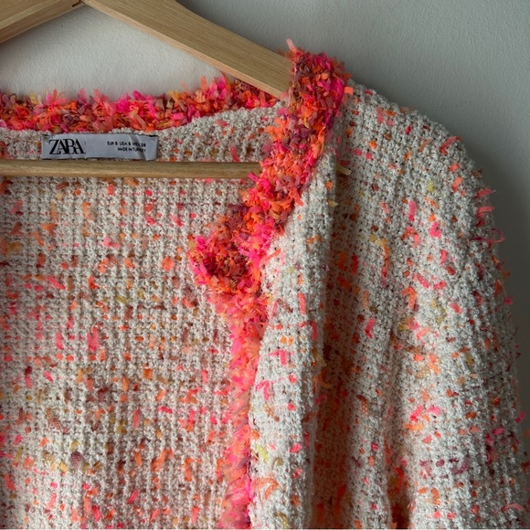 Zara neon coral frayed edge boucle blazer S - Picture 6 of 9